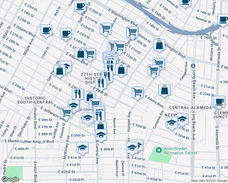 map of restaurants, bars, coffee shops, grocery stores, and more near 1144 East 27th Street in Los Angeles