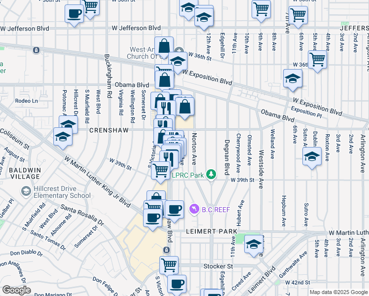 map of restaurants, bars, coffee shops, grocery stores, and more near 3808 South Bronson Avenue in Los Angeles