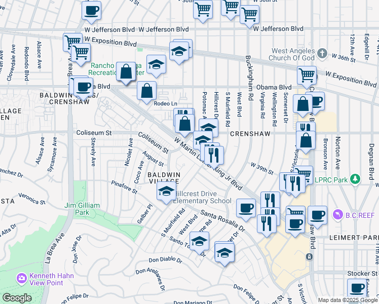 map of restaurants, bars, coffee shops, grocery stores, and more near 4410 West Martin Luther King Junior Boulevard in Los Angeles