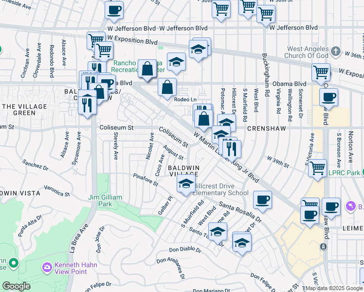 map of restaurants, bars, coffee shops, grocery stores, and more near 4547 August Street in Los Angeles