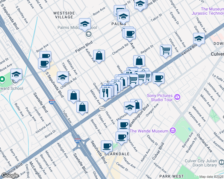 map of restaurants, bars, coffee shops, grocery stores, and more near 3735 Kelton Avenue in Los Angeles