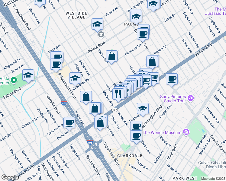 map of restaurants, bars, coffee shops, grocery stores, and more near 3716 Greenfield Avenue in Los Angeles