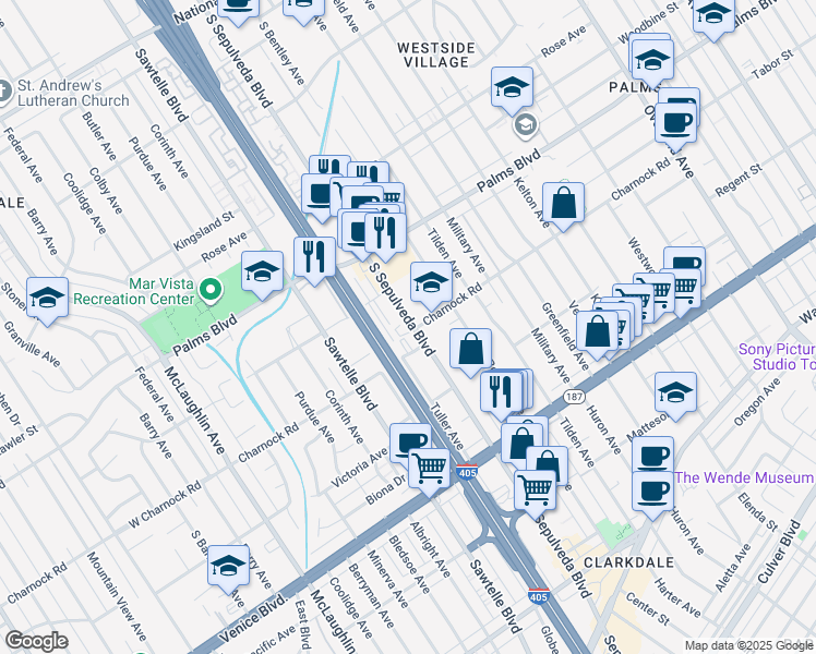 map of restaurants, bars, coffee shops, grocery stores, and more near in Los Angeles