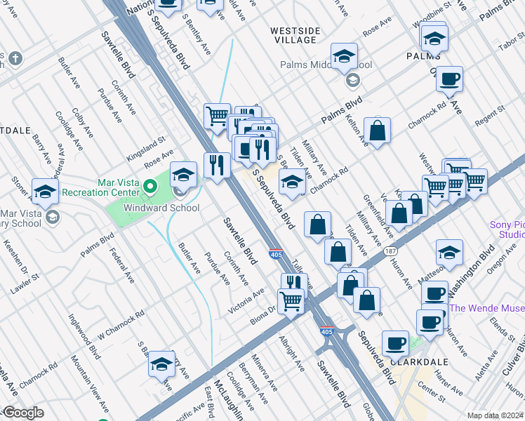 map of restaurants, bars, coffee shops, grocery stores, and more near 11178 Westminster Avenue in Los Angeles
