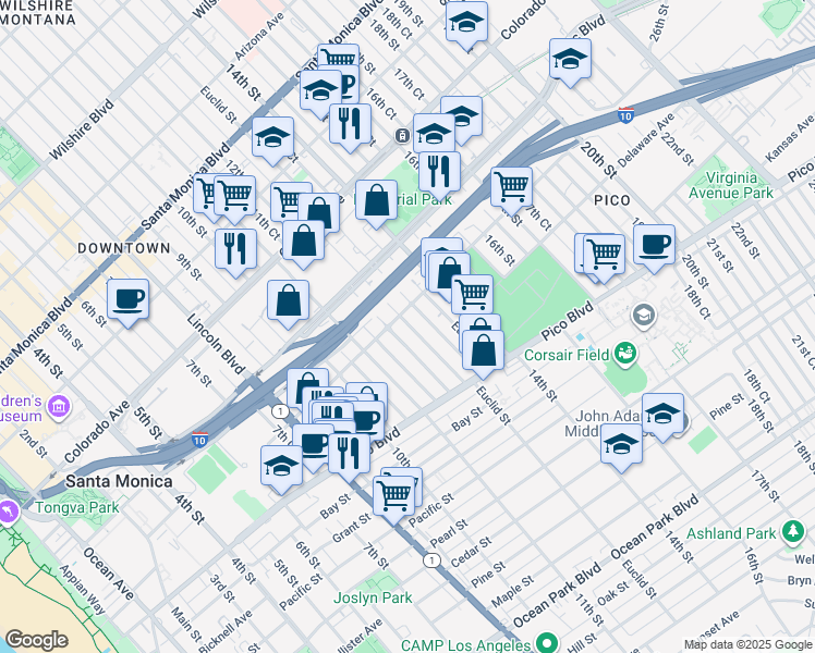map of restaurants, bars, coffee shops, grocery stores, and more near 1210 Michigan Avenue in Santa Monica