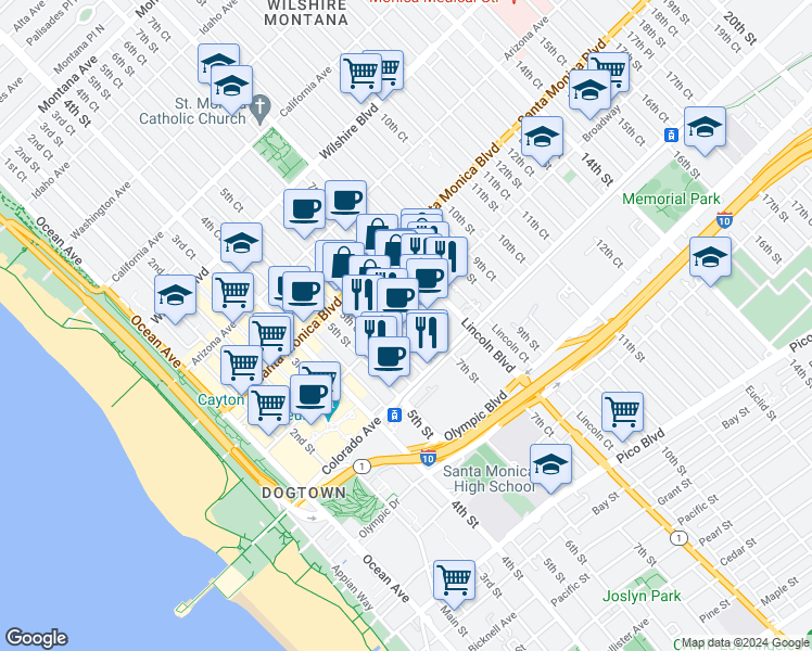 map of restaurants, bars, coffee shops, grocery stores, and more near 626 Broadway in Santa Monica