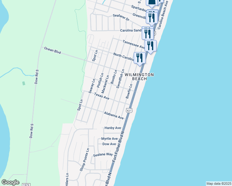 map of restaurants, bars, coffee shops, grocery stores, and more near 1513 Bonito Lane in Carolina Beach