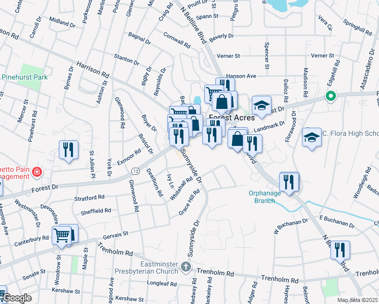 map of restaurants, bars, coffee shops, grocery stores, and more near 1580 Sunnyside Drive in Columbia