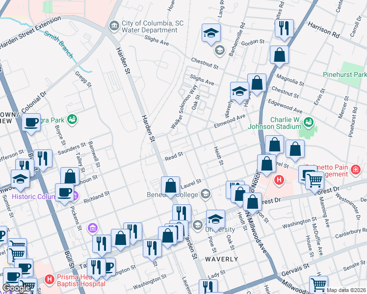 map of restaurants, bars, coffee shops, grocery stores, and more near 2011 Oak Street in Columbia