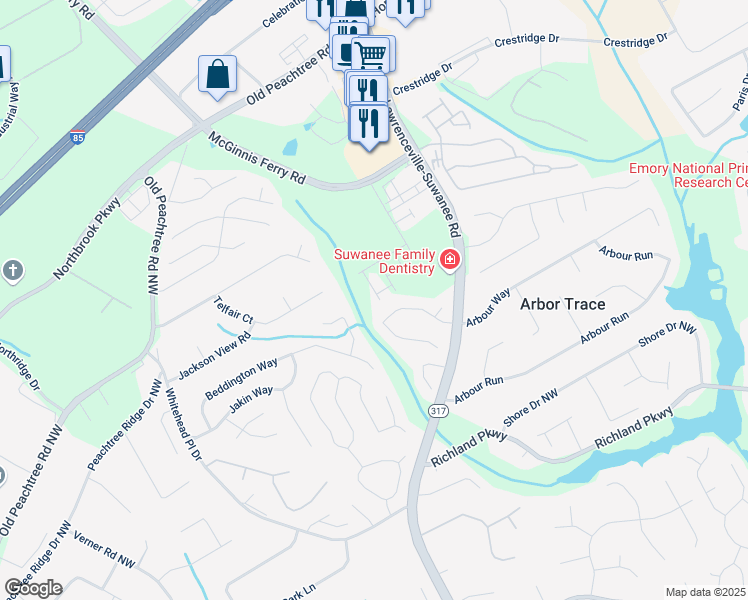 map of restaurants, bars, coffee shops, grocery stores, and more near 2916 Stockholm Way in Suwanee