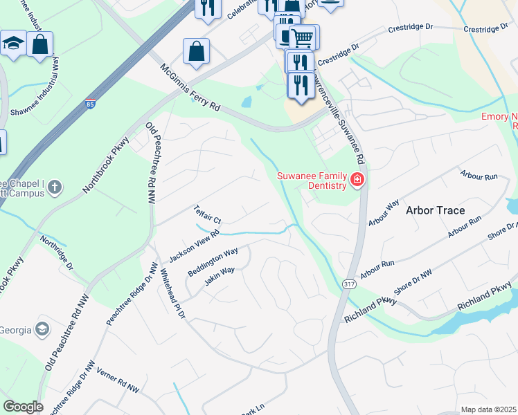 map of restaurants, bars, coffee shops, grocery stores, and more near 579 Telfair Court in Suwanee