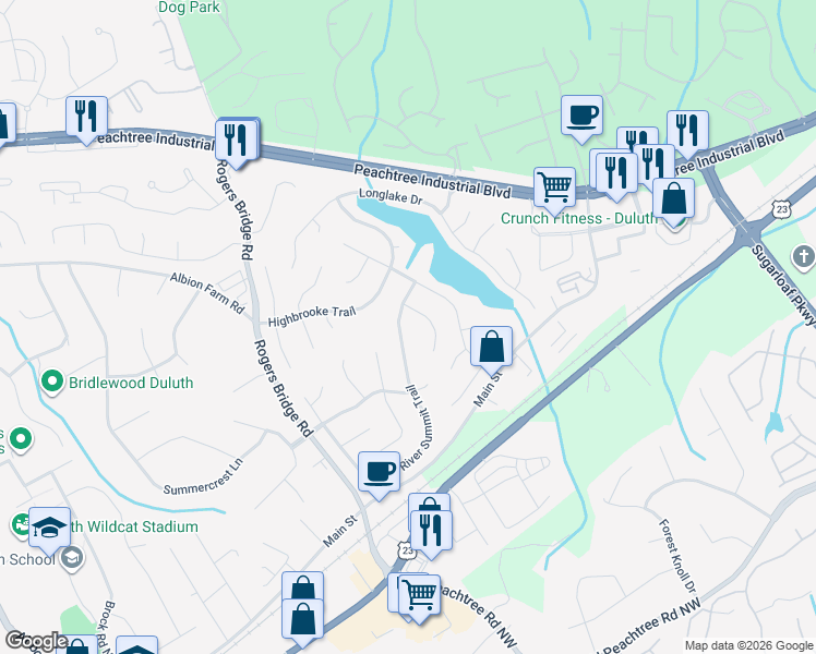 map of restaurants, bars, coffee shops, grocery stores, and more near 3250 River Summit Trail in Duluth