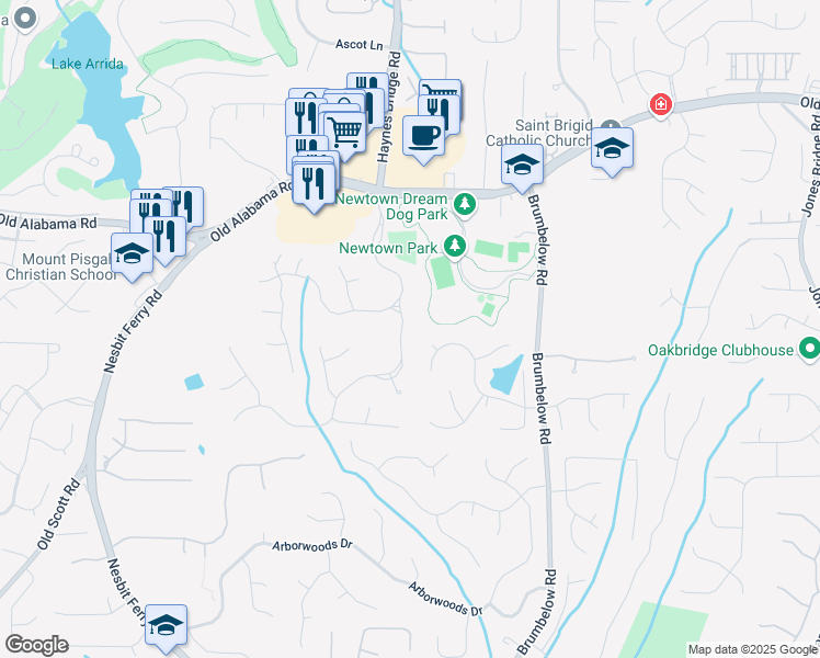 map of restaurants, bars, coffee shops, grocery stores, and more near 9770 Rod Road in Alpharetta