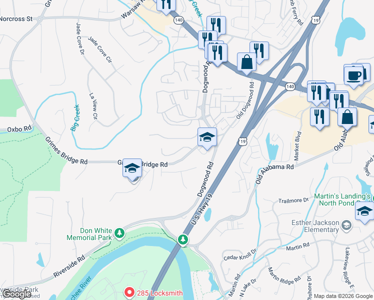 map of restaurants, bars, coffee shops, grocery stores, and more near 1010 Chelsey Way in Roswell