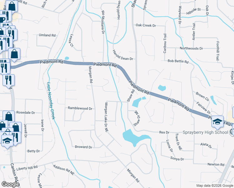 map of restaurants, bars, coffee shops, grocery stores, and more near 1284 Morgan Chase Terrace Northeast in Marietta