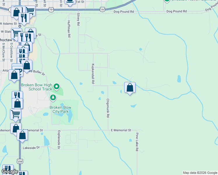 map of restaurants, bars, coffee shops, grocery stores, and more near Silvey Road in Broken Bow