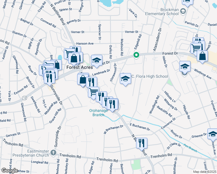 map of restaurants, bars, coffee shops, grocery stores, and more near 3600 Chateau Drive in Columbia