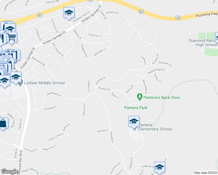 map of restaurants, bars, coffee shops, grocery stores, and more near 632 Pantera Drive in Diamond Bar