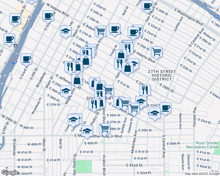 map of restaurants, bars, coffee shops, grocery stores, and more near 3201 San Pedro Street in Los Angeles