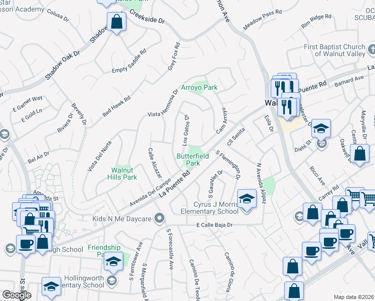map of restaurants, bars, coffee shops, grocery stores, and more near 340 Los Gatos Drive in Walnut
