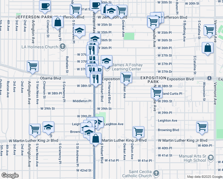 map of restaurants, bars, coffee shops, grocery stores, and more near 3816 South Harvard Boulevard in Los Angeles