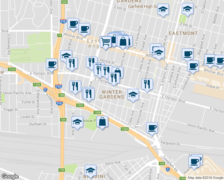 map of restaurants, bars, coffee shops, grocery stores, and more near 1231 South Ferris Avenue in East Los Angeles