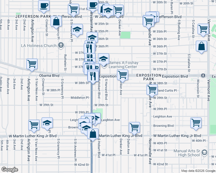 map of restaurants, bars, coffee shops, grocery stores, and more near 3816 South Harvard Boulevard in Los Angeles