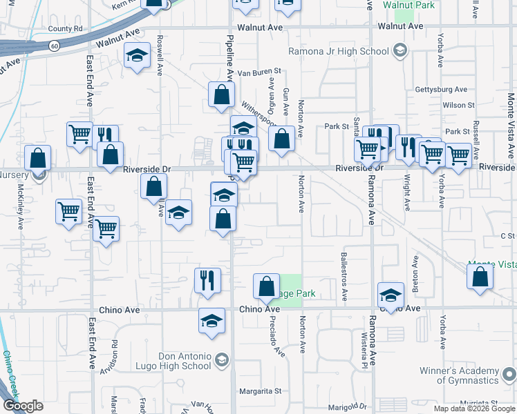 map of restaurants, bars, coffee shops, grocery stores, and more near 4175 Hacienda Lane in Chino