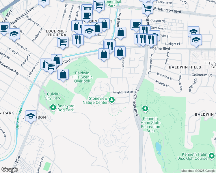 map of restaurants, bars, coffee shops, grocery stores, and more near 5961 Wrightcrest Drive in Culver City