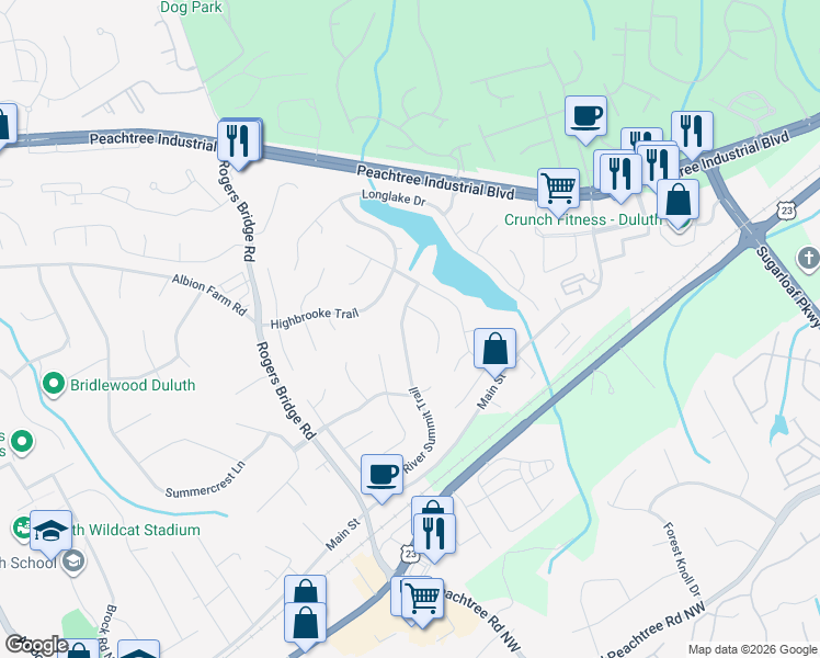 map of restaurants, bars, coffee shops, grocery stores, and more near 3250 River Summit Trail in Duluth
