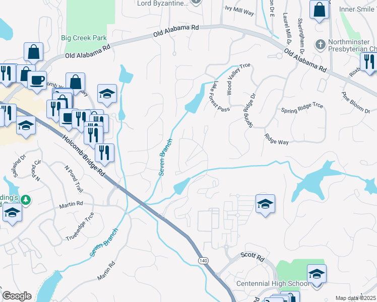 map of restaurants, bars, coffee shops, grocery stores, and more near 3507 Calibre Creek Parkway in Roswell