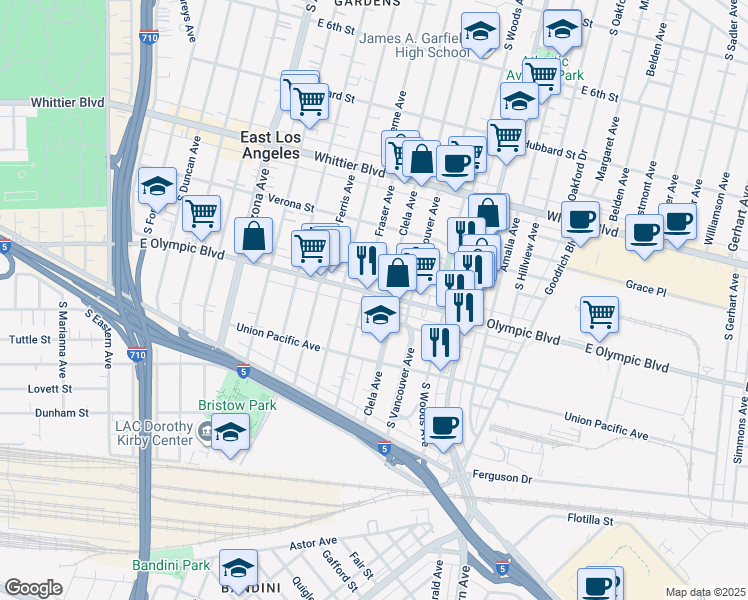 map of restaurants, bars, coffee shops, grocery stores, and more near 5010 East Olympic Boulevard in East Los Angeles