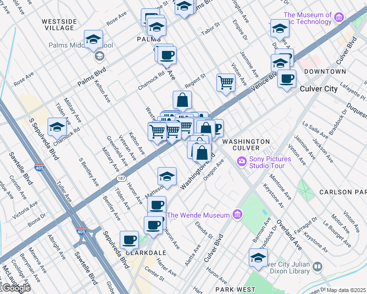 map of restaurants, bars, coffee shops, grocery stores, and more near 3817 Midway Avenue in Culver City