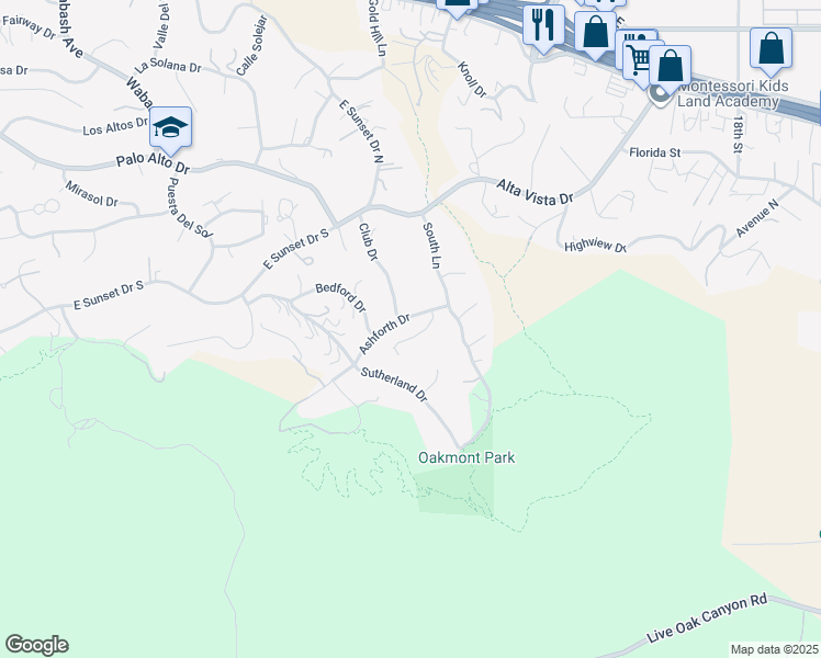 map of restaurants, bars, coffee shops, grocery stores, and more near 31156 Danelaw Avenue in Redlands