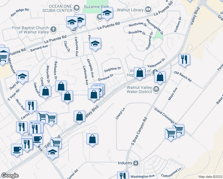 map of restaurants, bars, coffee shops, grocery stores, and more near 20956 Cornerstone Drive in Walnut