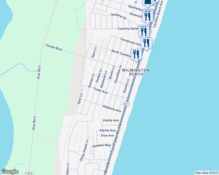 map of restaurants, bars, coffee shops, grocery stores, and more near 1513 Bonito Ln in Carolina Beach