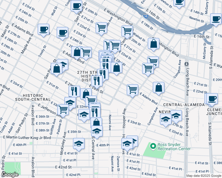 map of restaurants, bars, coffee shops, grocery stores, and more near 1144 East 27th Street in Los Angeles
