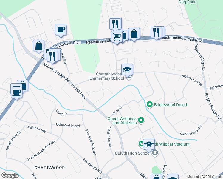 map of restaurants, bars, coffee shops, grocery stores, and more near 3955 Boles Creek Drive Northwest in Duluth