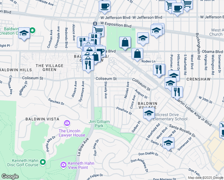 map of restaurants, bars, coffee shops, grocery stores, and more near 4906 August Street in Los Angeles