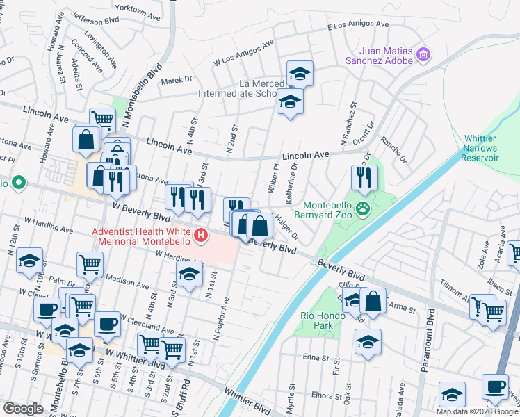 map of restaurants, bars, coffee shops, grocery stores, and more near 208 East Victoria Avenue in Montebello