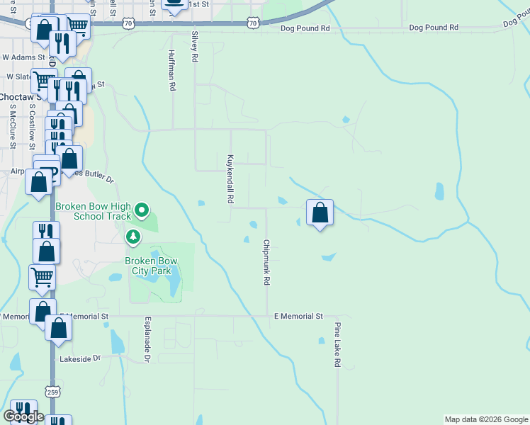 map of restaurants, bars, coffee shops, grocery stores, and more near Silvey Road in Broken Bow