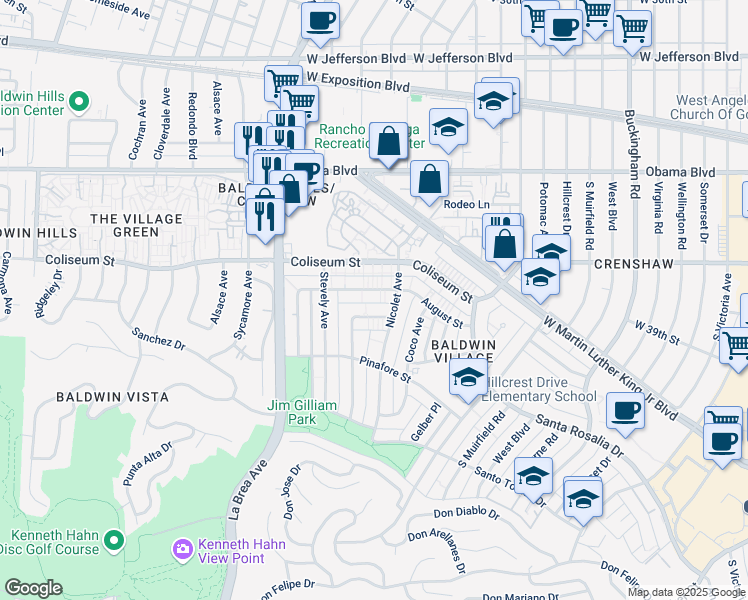 map of restaurants, bars, coffee shops, grocery stores, and more near 4800 August Street in Los Angeles