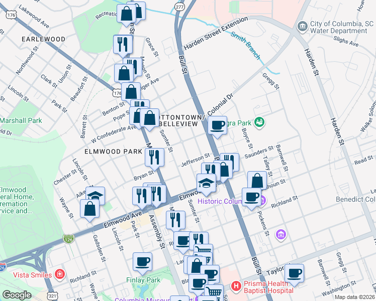 map of restaurants, bars, coffee shops, grocery stores, and more near 2212 Marion Street in Columbia
