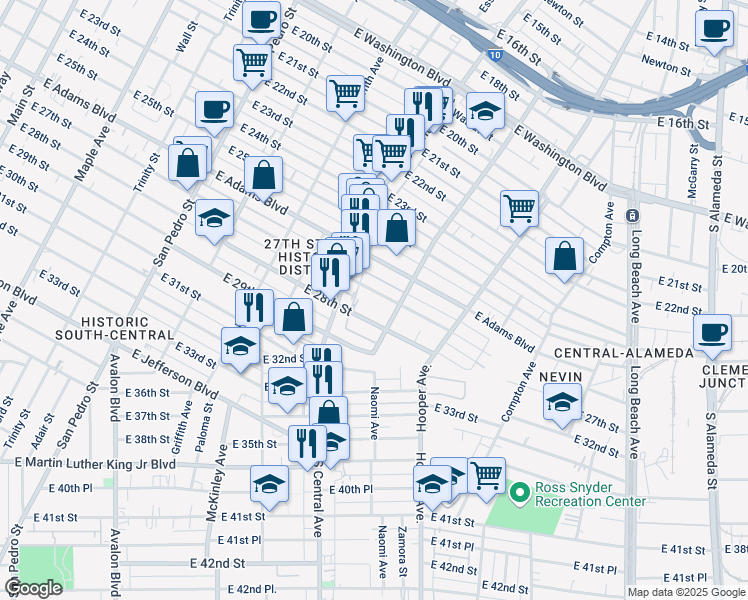 map of restaurants, bars, coffee shops, grocery stores, and more near 1144 East 27th Street in Los Angeles
