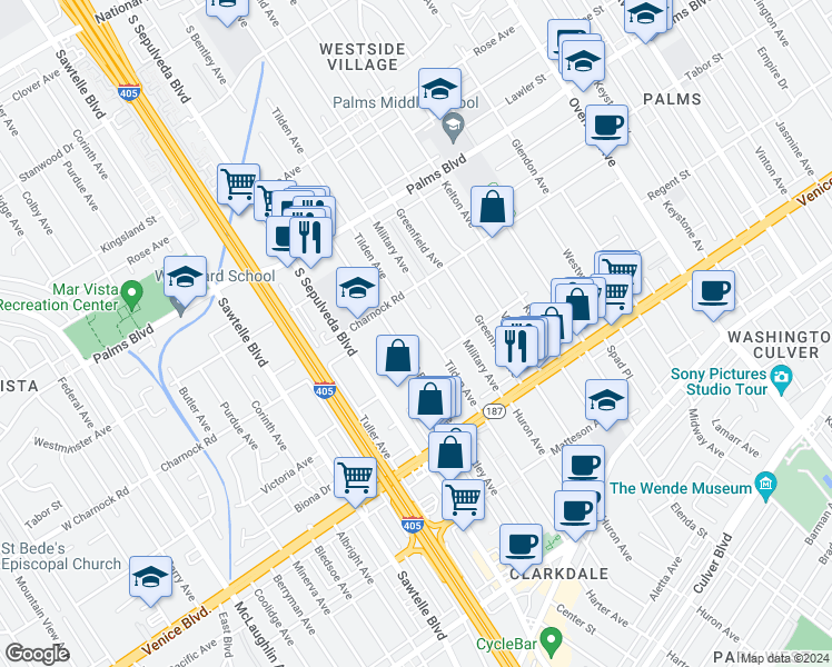 map of restaurants, bars, coffee shops, grocery stores, and more near 3641 Tilden Avenue in Los Angeles