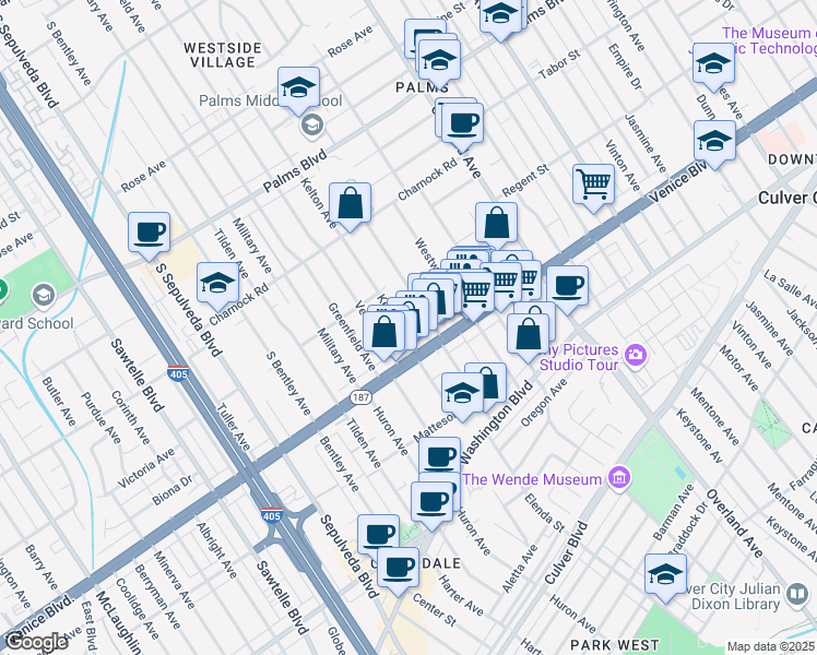 map of restaurants, bars, coffee shops, grocery stores, and more near 3750 Kelton Avenue in Los Angeles