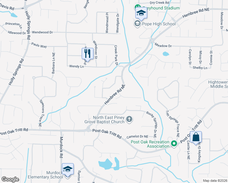 map of restaurants, bars, coffee shops, grocery stores, and more near 2775 Hembree Rd NE in Marietta