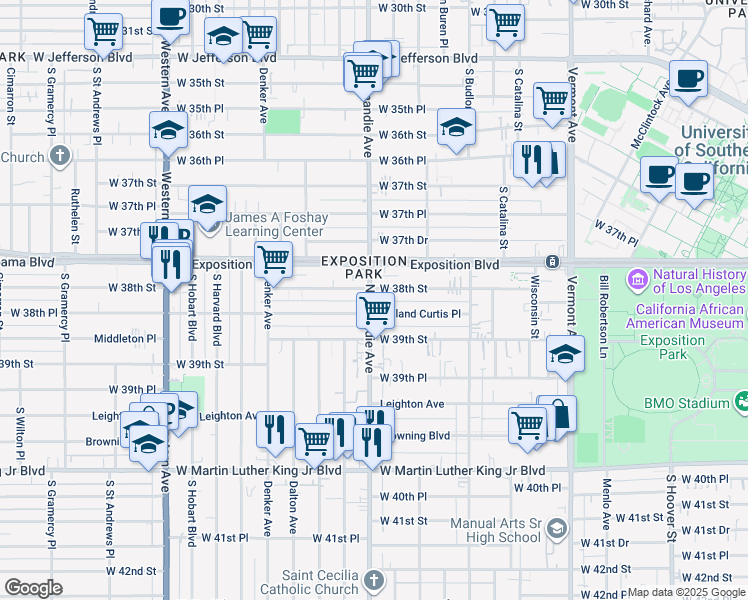 map of restaurants, bars, coffee shops, grocery stores, and more near 3814 Normandie Avenue in Los Angeles