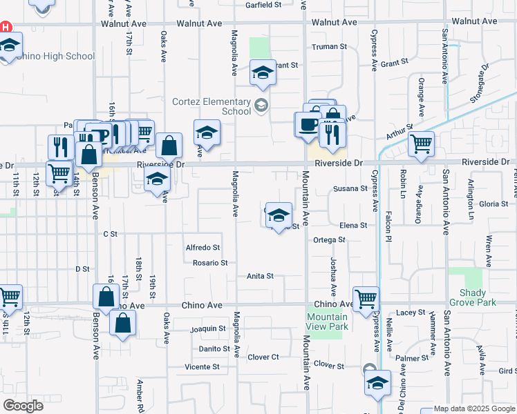 map of restaurants, bars, coffee shops, grocery stores, and more near 13022 Scarborough Avenue in Chino