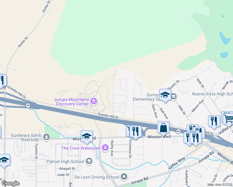 map of restaurants, bars, coffee shops, grocery stores, and more near 7401 Garnet Ridge Road in Jurupa Valley